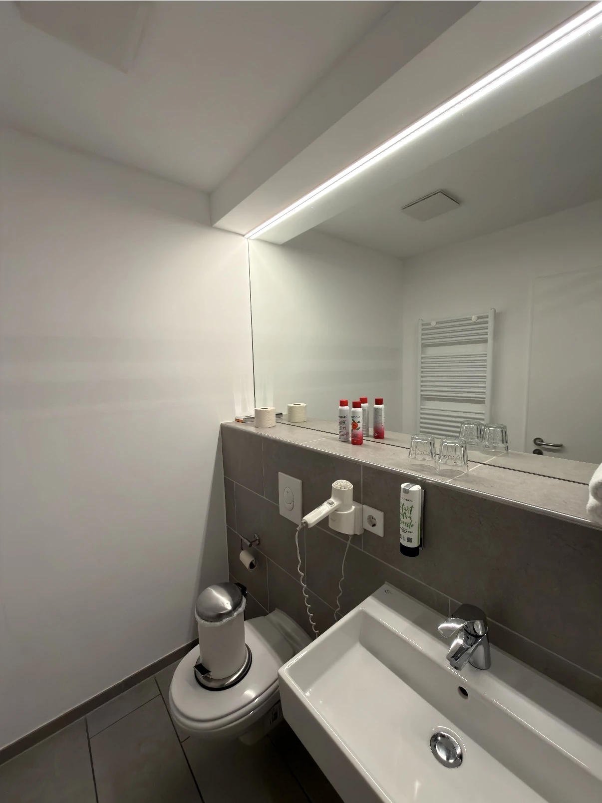 Badezimmer mit Waschtisch, Spiegel und Toilette
