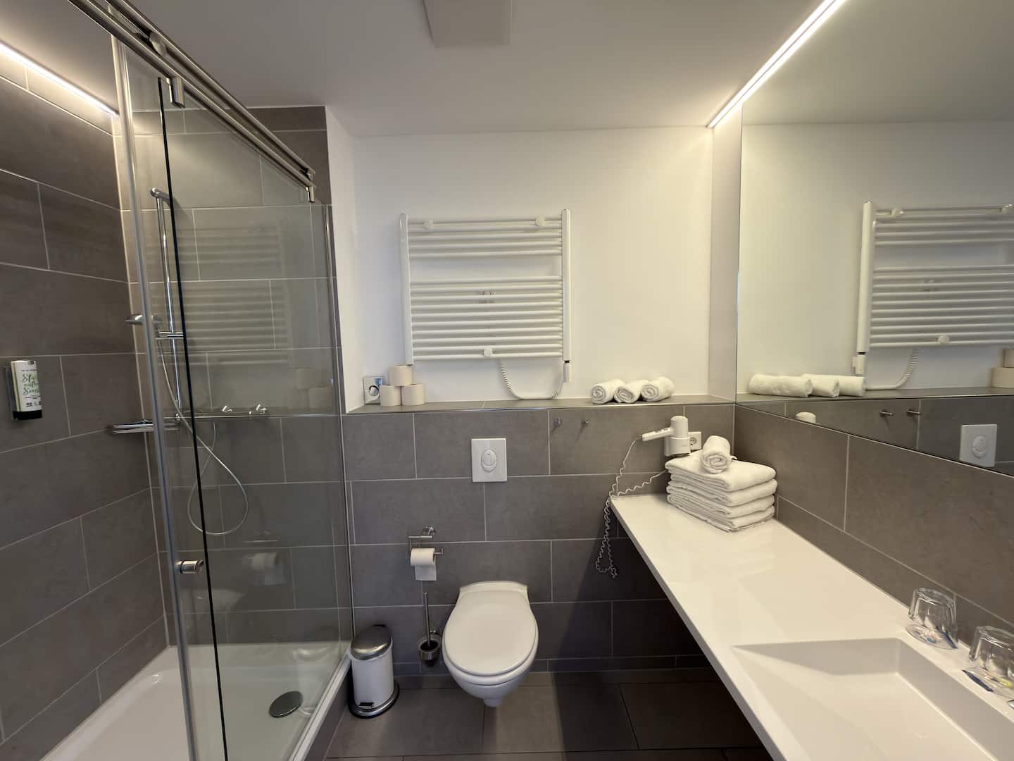 Langes Bad mit Dusche, WC und Waschtisch